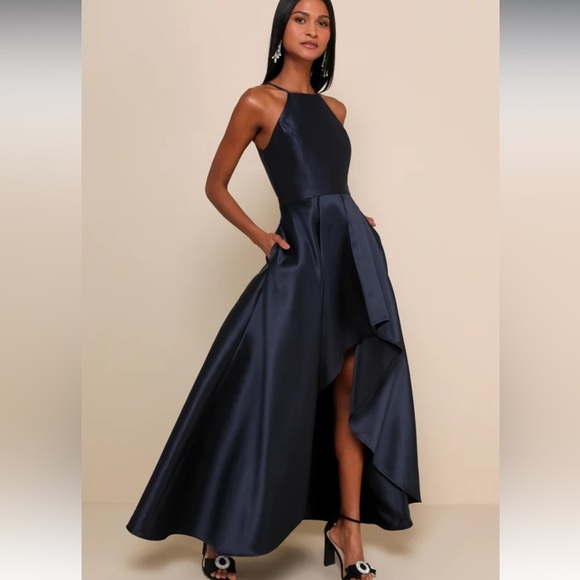 Lulus NavyBlue Broadway Show High-Low MidWeight Taffeta Construction Gown NWOT M - Picture 1 of 16